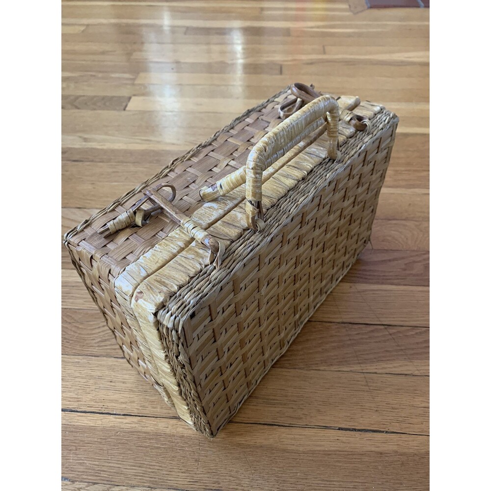Vintage Wicker Basket Bamboo Cane Woven Storage Container Wrapped Handle Lid